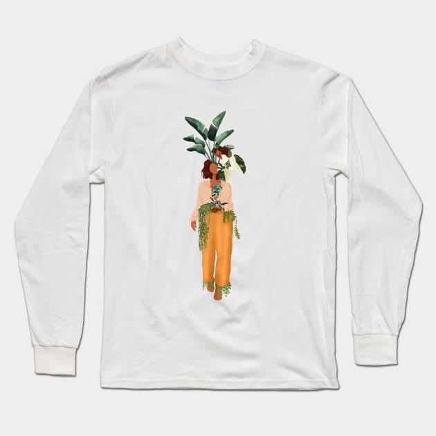 Plant Head, Girl Illustration Long Sleeve T-Shirt by gusstvaraonica